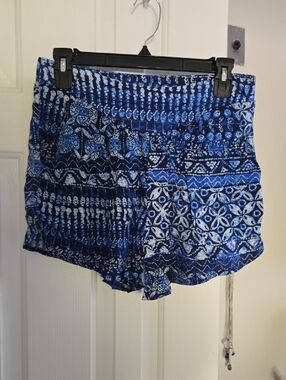Absolute Angel Blue Patterned High-Waist Smocked Shorts